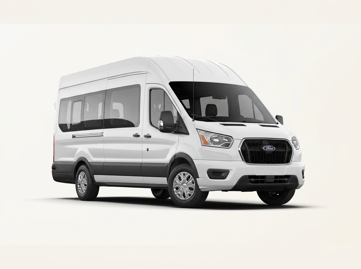 Black medium-roof passenger van on a light studio background