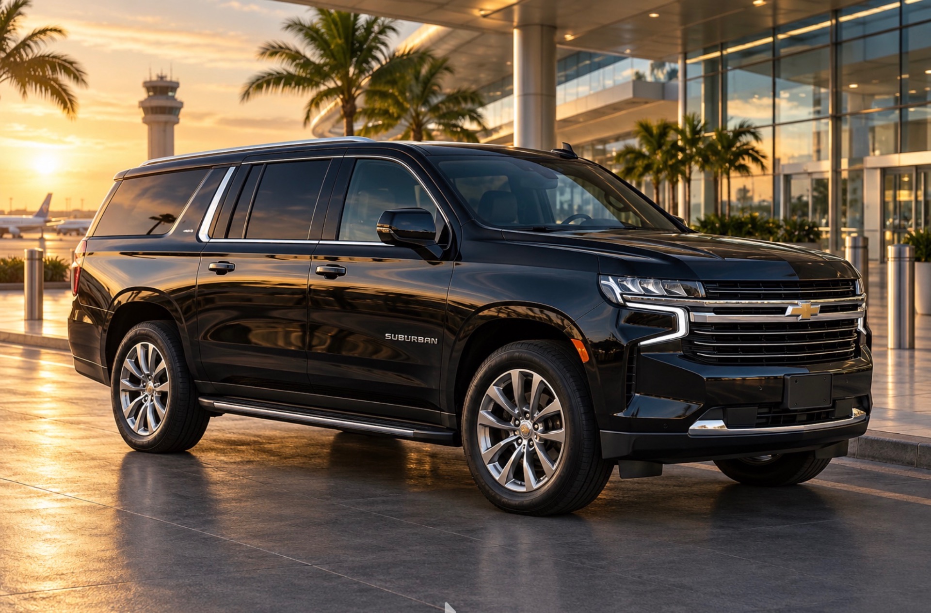 Black Chevrolet Suburban outside the airport terminal at sunset