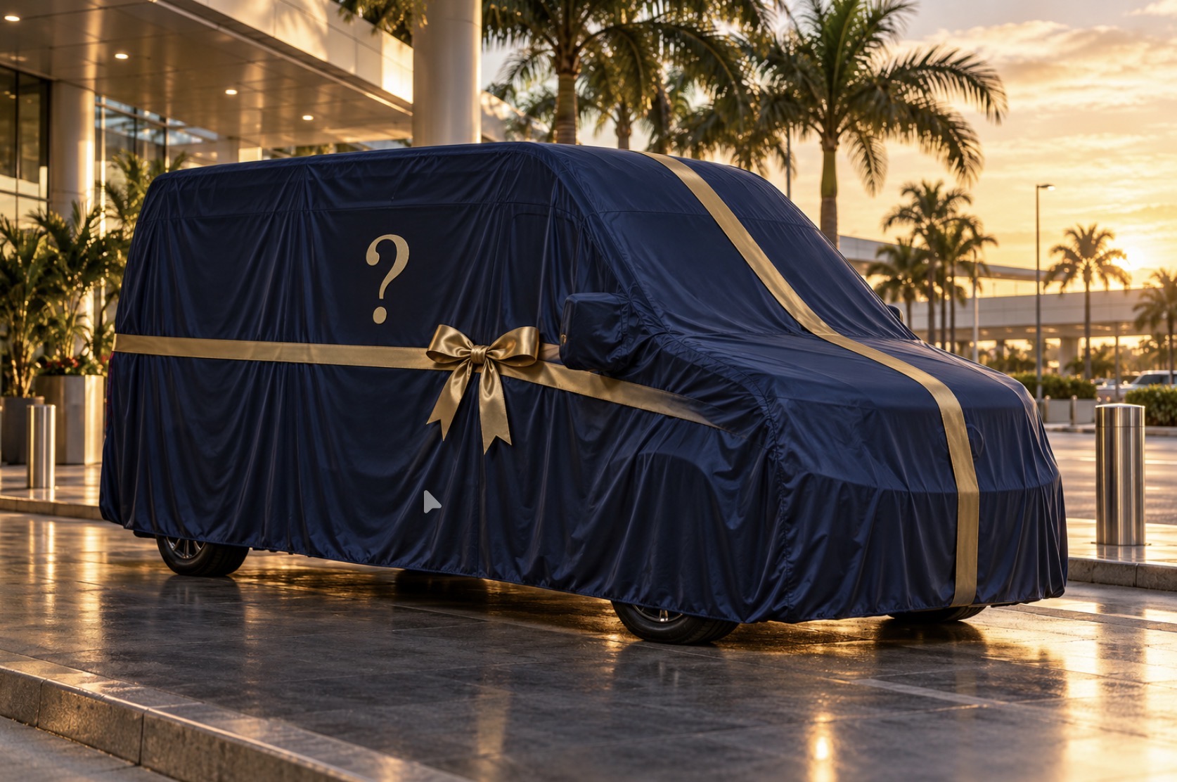 Van wrapped in navy fabric with a gold bow outside an airport at sunset