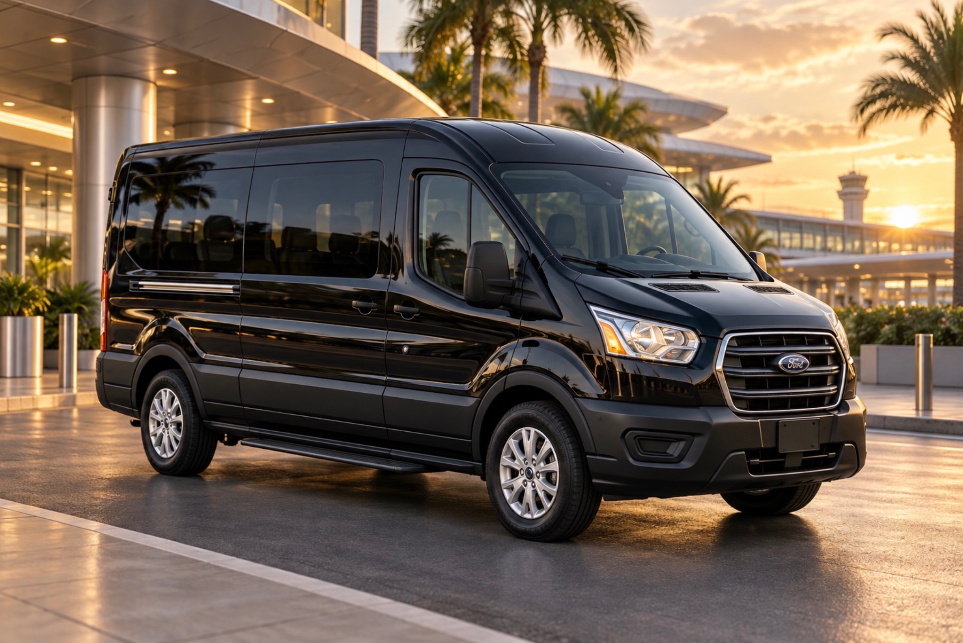 Black Ford Transit medium-roof passenger van outside the airport terminal at sunset