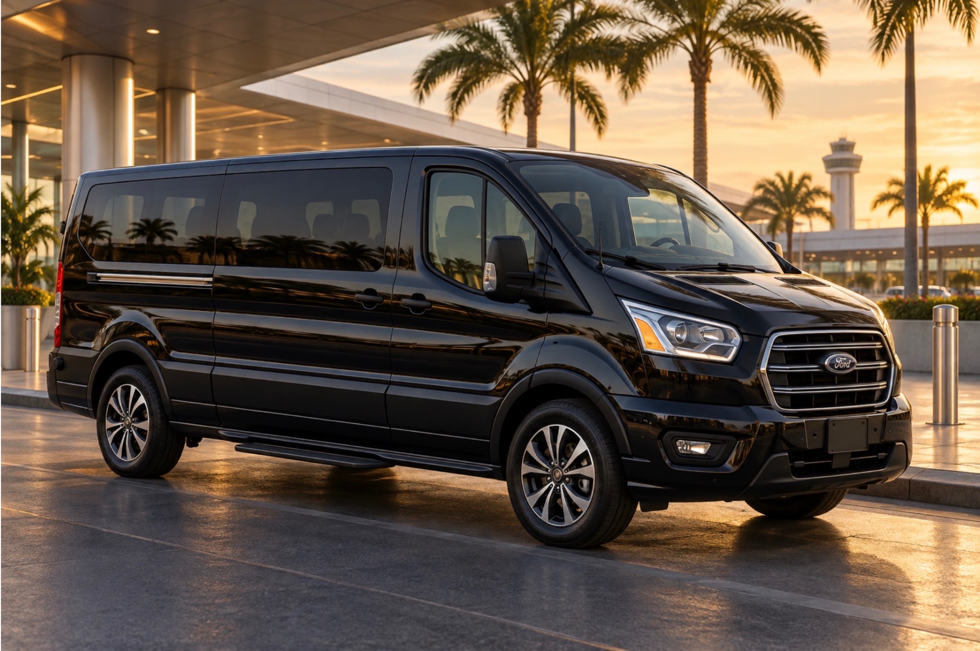 Black Ford Transit executive passenger van outside the airport terminal at sunset