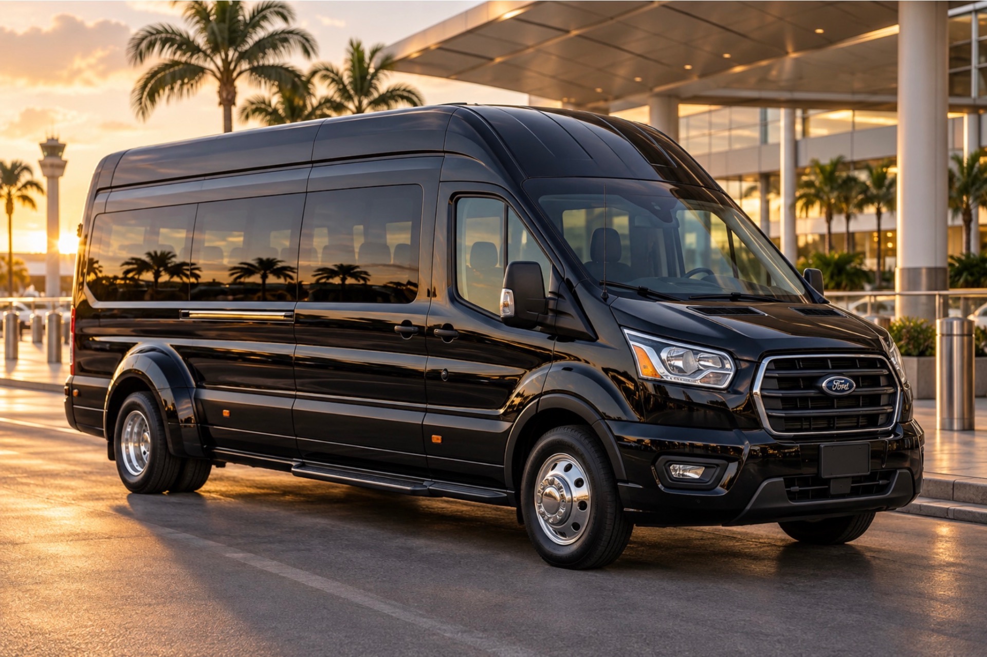 Black Ford Transit hi-top passenger van outside the airport terminal at sunset
