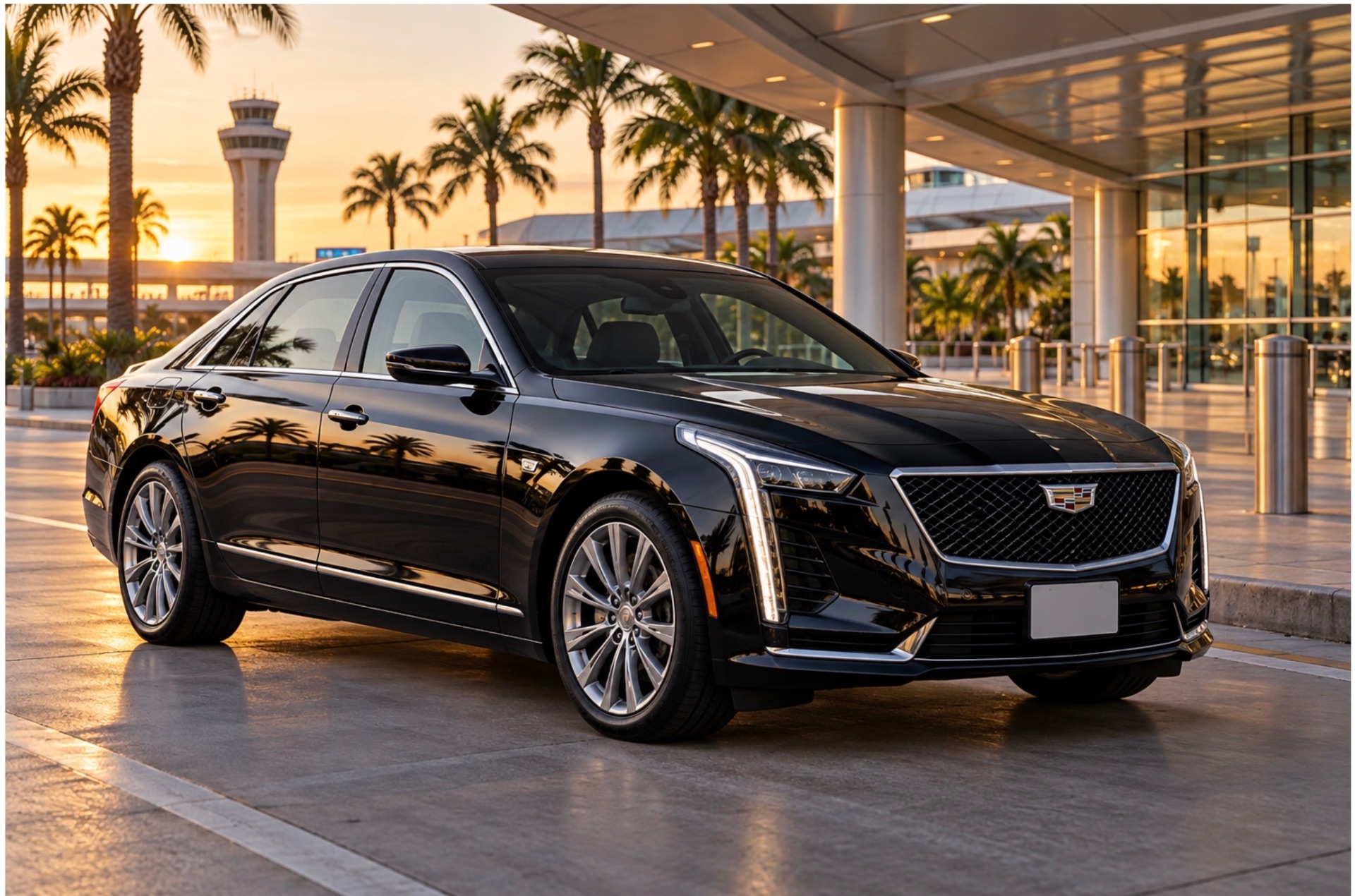 Black Cadillac executive sedan outside the airport terminal at sunset