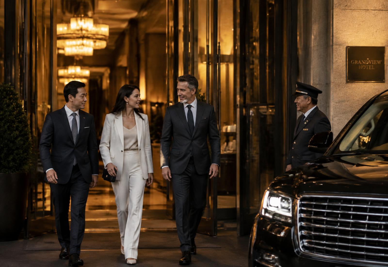 Executive team walking out of an upscale hotel lobby toward a waiting premium black SUV