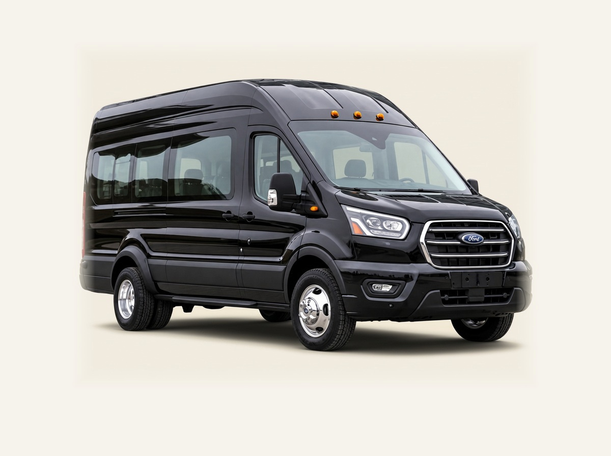 Black hi-top passenger van with luggage trailer on a light studio background
