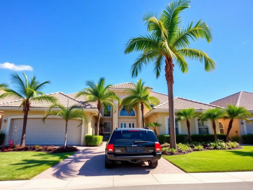 Florida vacation home community entrance with palm trees